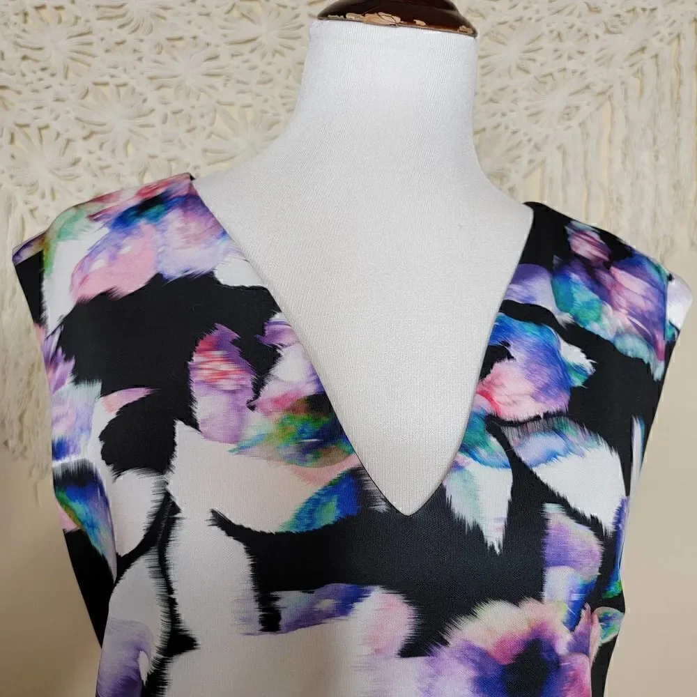 Antonio Melani Floral Sleeveless Sheath Dress Black Purple Size 10